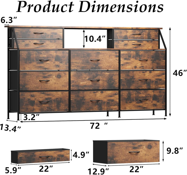 72" Long Dresser for Bedroom, 13 Fabric Drawers Dresser for Closet, Wide Chest of Drawers with 2 Open Shelves, Large TV Stand for 70,80 Inch TV, Wood Top, Rustic Brown