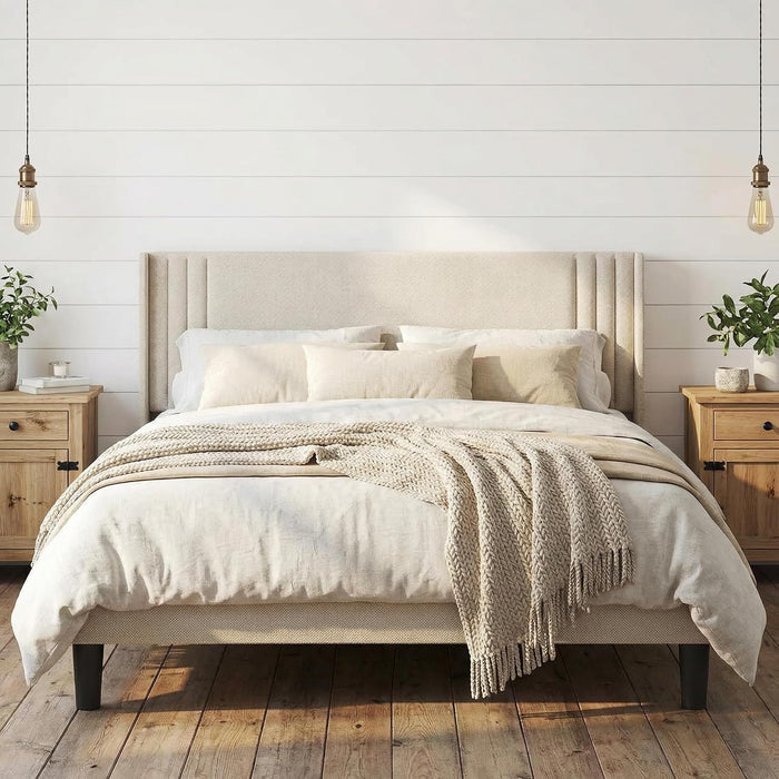 Queen Bed Frame with Wingback Headboard, Upholstered Platform Bed