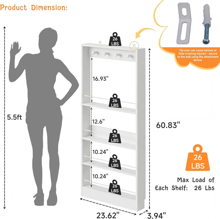White Wall-Mounted 4-Tier Kids' Bookshelf Organizer