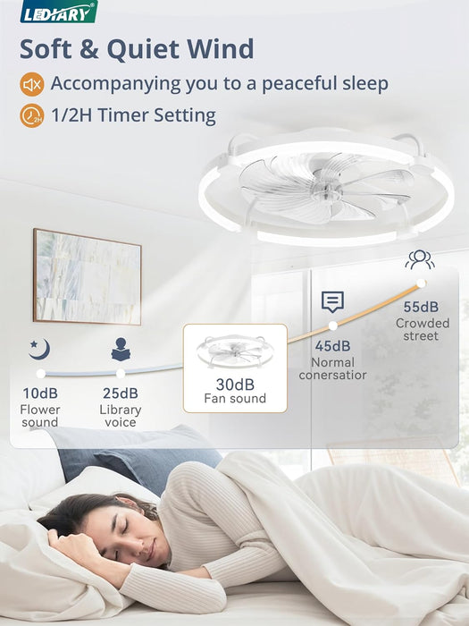 Ceiling Fans with Lights and Remote, 24'' Low Profile Ceiling Fan with Light, 3000-6000K Dimmable Fandelier LED Fan Light, 6 Wind Speeds, White Modern Flush Mount Ceiling Fan for Bedroom