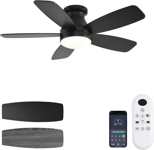 Ceiling Fans with Lights, 42 Inch Low Profile Ceiling Fan with Light and Remote/App Control, Flush Mount, Reversible, 3CCT, Dimmable, Noiseless, Black Ceiling Fan for Indoor/Outdoor Use
