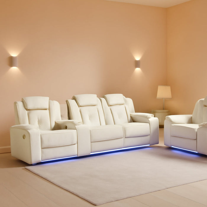 Power Recliner Sofa Set with LED Lights,Leather Reclining Sofa with USB Port/Wireless Charger/Storage Console/Cup Holder,Living Room Furniture Set for House/Home Theater(3 Piece Set,Creamy)