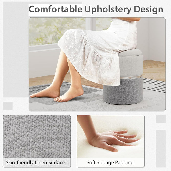 Ottoman with Storage - Set of 2 Storage Ottomans, 1 Large & 1 Small Nesting Ottoman Side Table, Upholstered Linen round Foot Rest Vanity Stool for Bedroom Living Room (Gray)