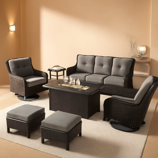 7-Piece Patio Furniture Set, Outdoor Thick Wicker Sectional Sofas with 2 Swivel Chairs, High Back Sectional Couch with Fire Pit Table, Outdoor Conversation Set for Backyard, Porch, Deck, Grey