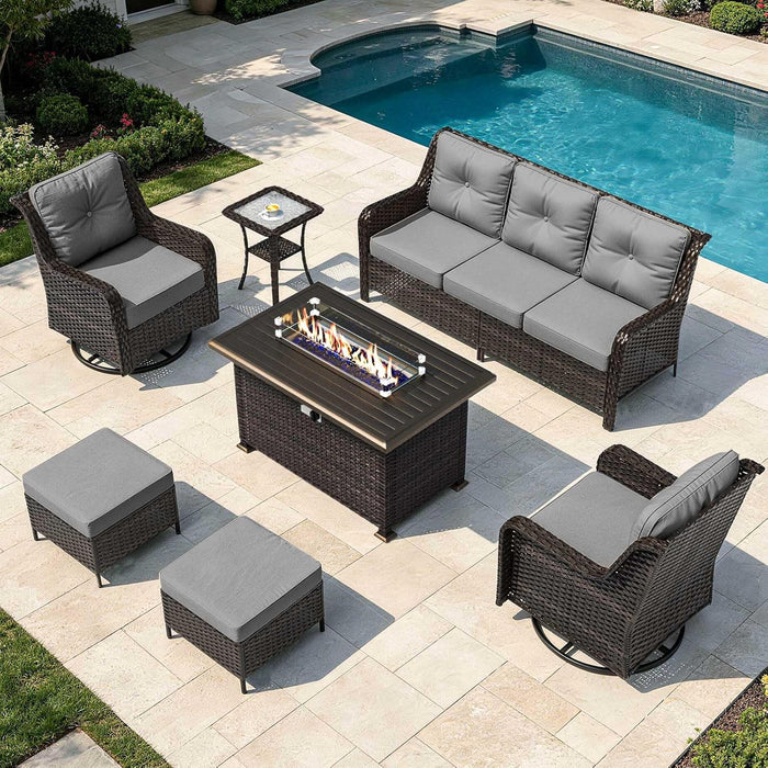 7-Piece Patio Furniture Set, Outdoor Thick Wicker Sectional Sofas with 2 Swivel Chairs, High Back Sectional Couch with Fire Pit Table, Outdoor Conversation Set for Backyard, Porch, Deck, Grey