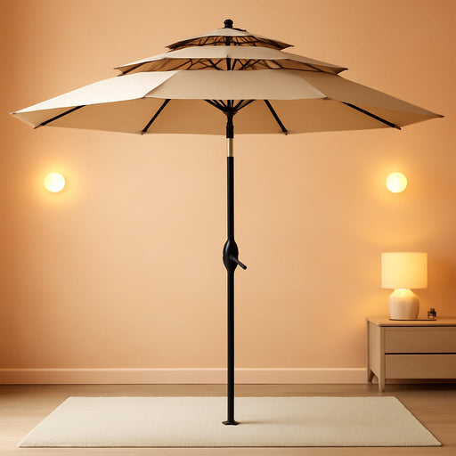 10Ft 3-Tier Patio Umbrella, Outdoor Table Umbrella with Vents, Easy Crank and Push Button Tilt, Market Umbrella with 8 Sturdy Ribs for Pool, Deck, Yard, Garden -Tan