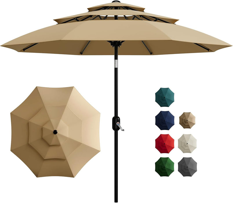10Ft 3-Tier Patio Umbrella, Outdoor Table Umbrella with Vents, Easy Crank and Push Button Tilt, Market Umbrella with 8 Sturdy Ribs for Pool, Deck, Yard, Garden -Tan