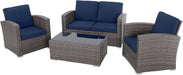Patio Furniture Set, 4 Piece Outdoor Patio Conversation Set, All-Weather PE Rattan Wicker Sectional Patio Sofa Set with Tempered Glass Coffee Table for Family Gatherings, Navy Blue