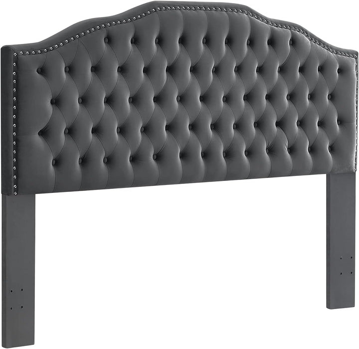 Upholstered Button Tufted King Size Headboard with Nailhead Trim, Soft Velvet Fabric Headboard King/Cal King Size -Dark Gray