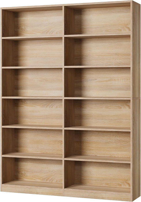 Bookshelf and Bookcase, 6-Tier Double Wide Bookshelves,Freestanding Display Storage Shelves, Tall Bookcases for Home Decor Bedroom, Living Room, Home Office, Light Oak