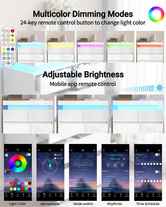 6 Drawer Dresser for Bedroom with LED Lights, White Modern High Gloss Chest of Drawers for Closet, Tall Drawer with Adjustable LED Light, for Living Room, Entryway, Dressing Room
