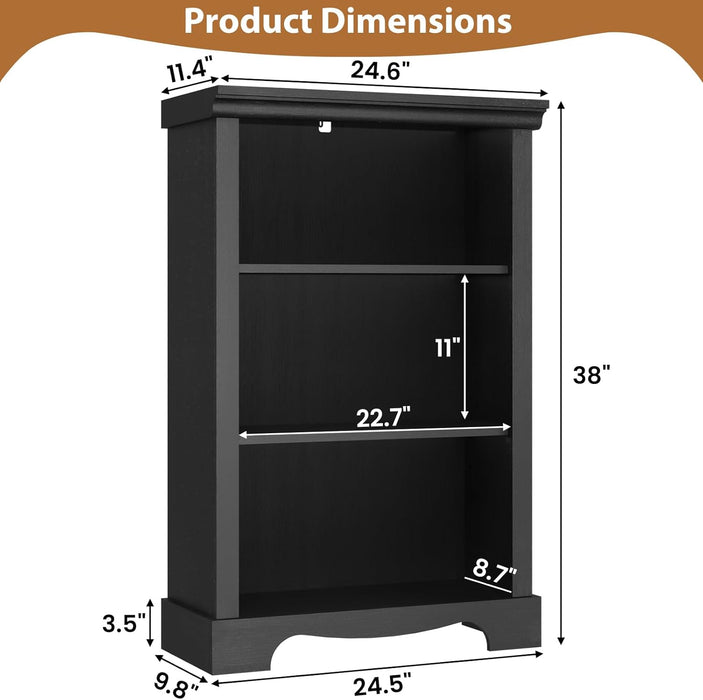 Black Three Tiered Bookshelf With Adjustable Shelves