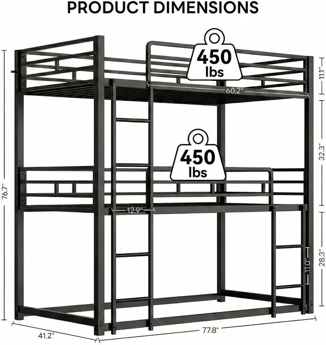 Triple IndustrialGrade Twin Bunk Bed With Guardrails