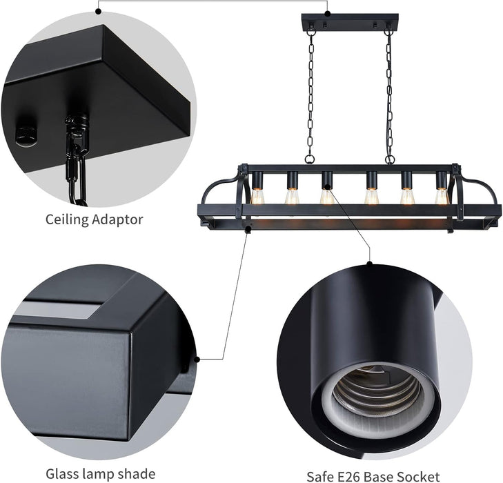 6-Light Metal Pot Hanging Rack Chandelier Linear Pendant Ceiling Lighting Rustic Farmhouse Fixture Kitchen Island Dining Room, H 9.8" L 40.6" W11.8, E26 Base, Black