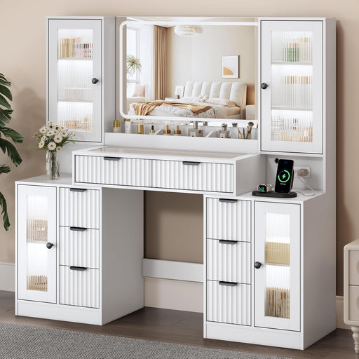 55" Vanity Desk with Mirror & Lights, Fluted Makeup Vanity with 8 Drawers & 4 Cabinets, Tempered Glass Top, RGB Cabinet Lighting, 3-Color Dimmable Mirror, and Charging Station