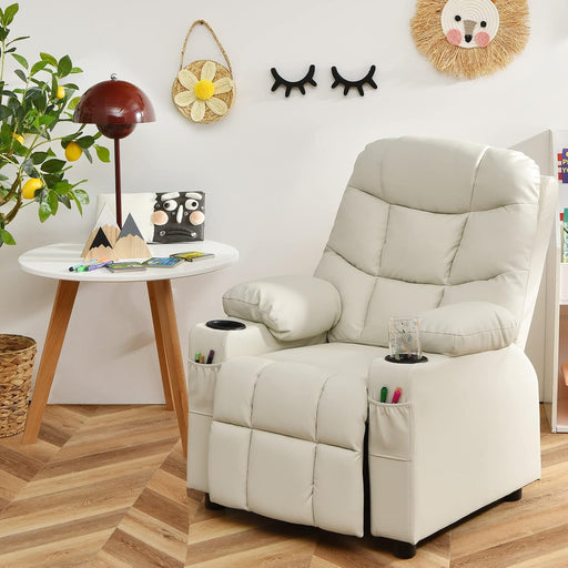 Kids Recliner Chair with Cup Holder, Adjustable Lounge Chair W/Footrest & Side Pockets for Children Boys Girls Room, Ergonomic Toddler Furniture Sofa, Kids Recliner (Beige)