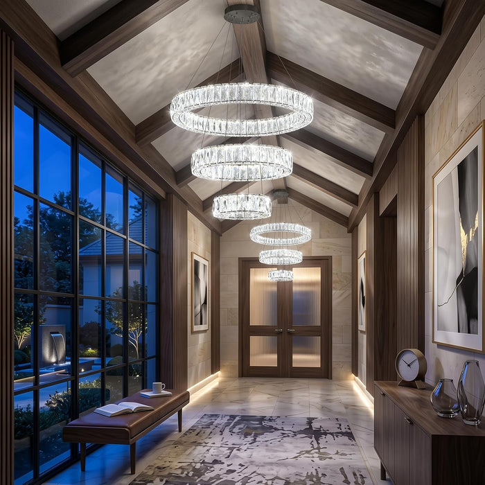 Modern Glam Chandelier Crystal LED Remote Rings Chandelier Adjustable Hanging Ceilings Pendant Lights Fixture Black 16"+24"+32" Rings Lighting