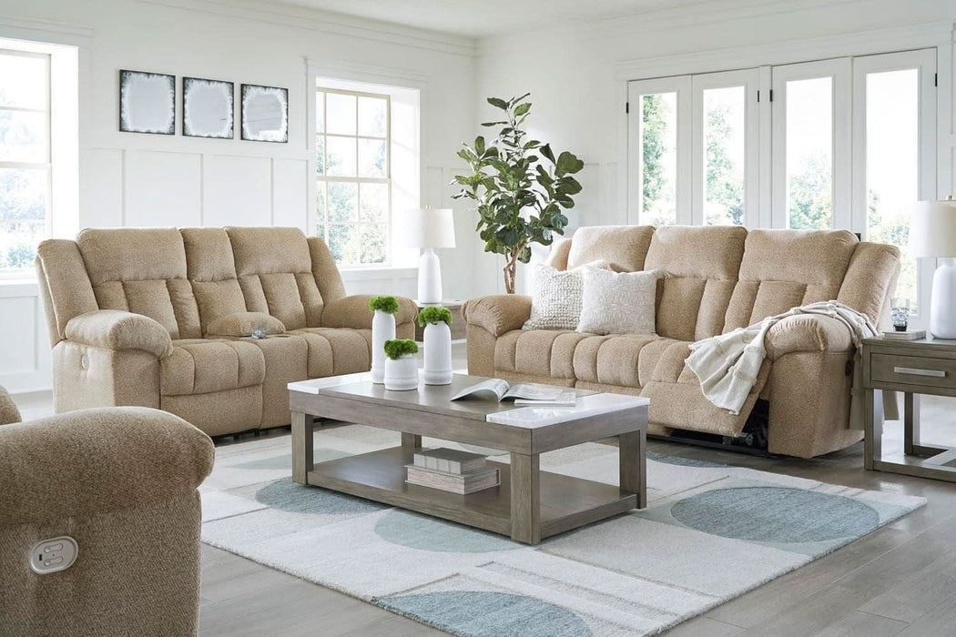 Tip-Off Classic Wall Hugger Power Reclining Sofa with Adjustable Headrest and USB Ports, Light Brown