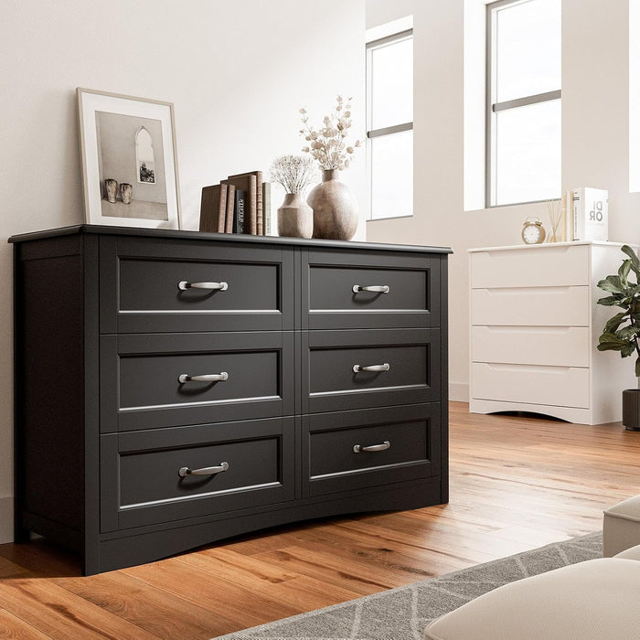 47" 6 Drawer Dresser, Black Wide Chest of Drawers for Bedroom