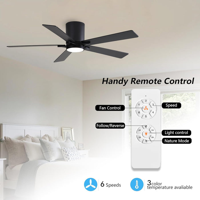 48" DC Flush Mount Ceiling Fan with Lights, 6-Speed Reversible DC Motor, 3CCT, Low Profile Hugger Ceiling Fan for Living Room Bedroom Kitchen, Black Finish and Black/Walnut Blades