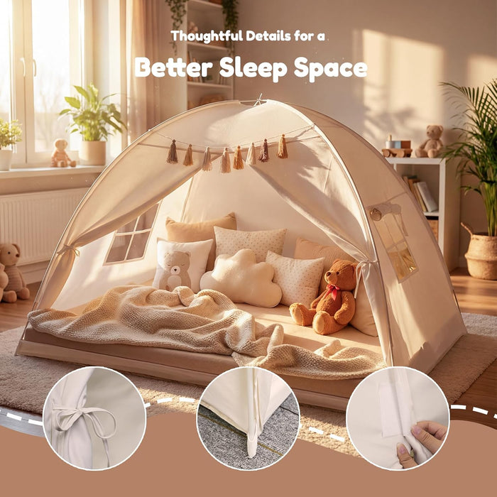 Twin Bed Tent for Kids, Indoor Privacy Toddler Sleeping Canopy with Mesh Window, Fits Bunk or Floor Bed, Include Star Lights & Tassels, Cozy Playhouse for Boys Girls Birthday