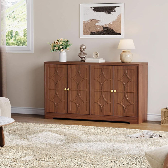 Farmhouse Brown Buffet Sideboard Cabinet with Storage - 55" Credenza, 4 Doors, Adjustable Shelves - Modern Console Table for Kitchen, Dining Room, Living Room, Coffee Bar, Brown