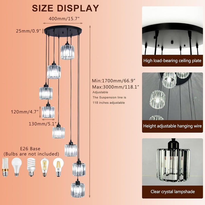 8 Lights Crystal PendantLight Ceiling Chandelier Black