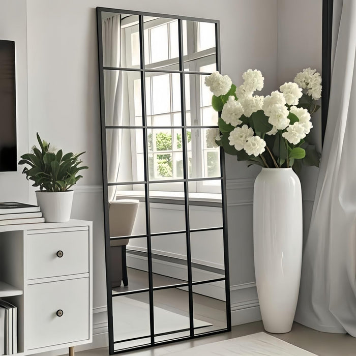 Windowpane Full Length Mirror, 65"X 24" Floor Standing Mirror, Black