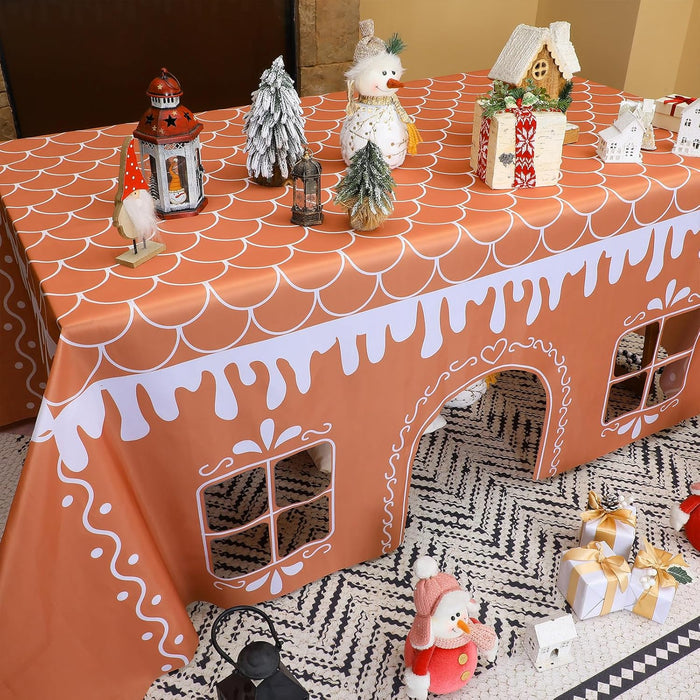 Christmas Gingerbread Playhouse 11.8 X 8.5 Ft Large Tablecloth for Kids Table Tent Indoor & Outdoor Table Cover Playhouse for Xmas Family Gathering Winter Holiday Birthday Party Supplies