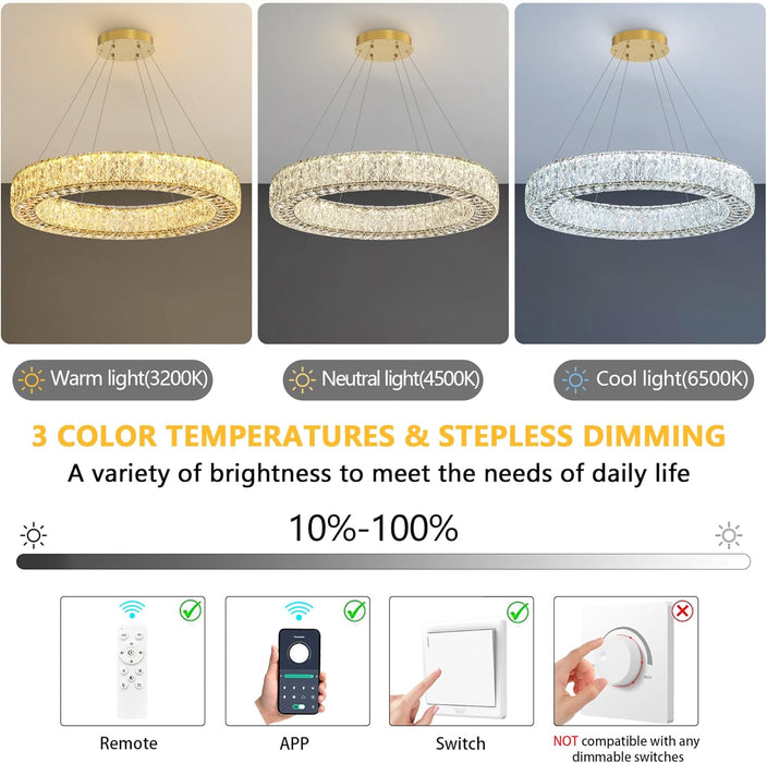 32 Inch Chandelier Glam Dimmable LED Crystal Chandeliers Luxury round Pendant Lighting Fixtures for Dining Room Bedrooms Gold