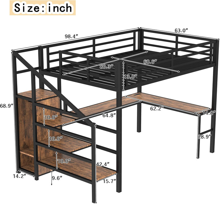 Queen Loft Bed with Desk & Wardrobe, Heavy Duty Metal Loft Beds Frame with Storage Stairs, LED Loft Bed Queen Size with Charging Station & Safety Guardrails, Dark Wood Grain