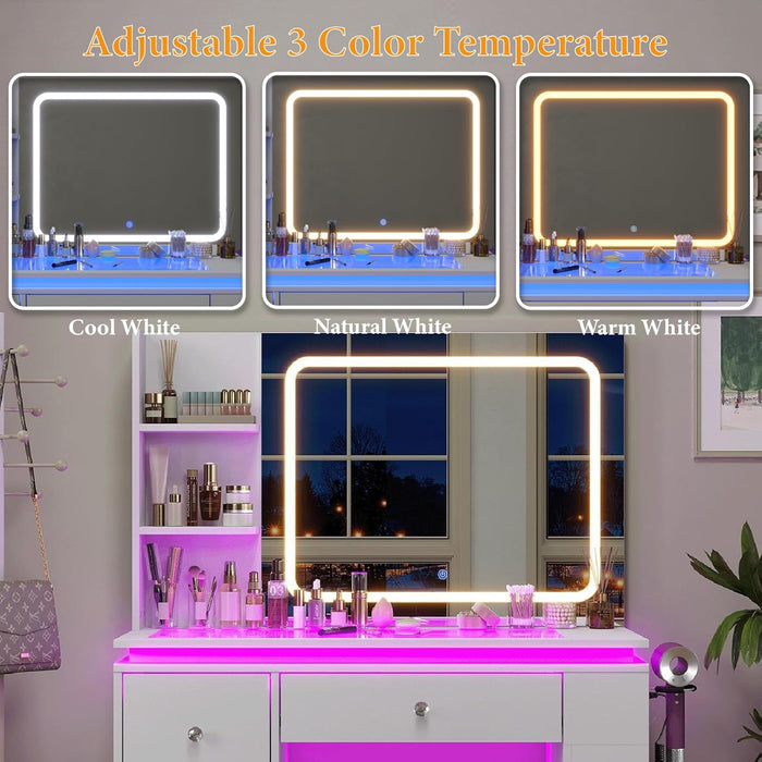 White Vanity Desk with Illuminated Mirror & Power Outlet, Bedroom Dresser LED Mirror Stepless Dimmable & 3 Color Modes Adjustable RGB Drawers, for Women Girls Bedroom, Pure White