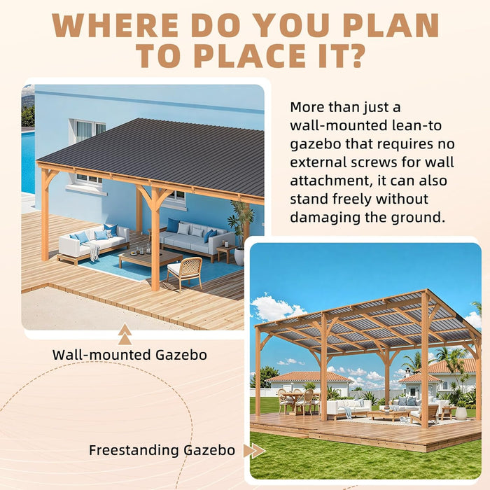20' X 10' Outdoor Wood Gazebo for Patio, Large Outdoor Lean to Hardtop 10X20 Cedar Pergolas and Gazebos Clearance, Wall Mounted Wooden Gazebo Heavy Duty Awnings for Patio, Decks, Backyard