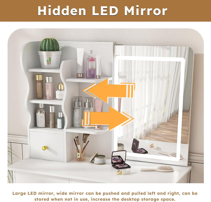 White Makeup Vanity Desk with Hidden Mirror, 31.5 Inch Dressing Table with 5 Drawers, 3 Color Adjustable LED Lights, No Stool Included