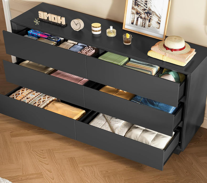 55" Dresser for Bedroom with 6 Drawers, Black Dresser with Metal Slide, Bedroom Dressers, Wood Dressers & Chests of Drawers for Bedroom, Hallway, Black