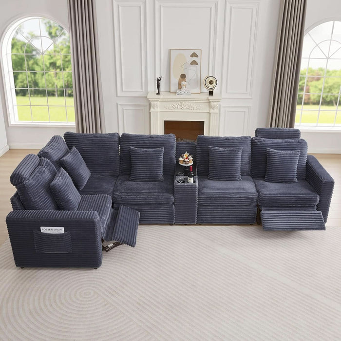 Oversized Modular Sectional Sofa with 2 Power Recliner, 5-Seater L-Shaped Corduroy Reclining Couch with Storage Console Charging Cup Holders, Fluffy Reclining Couches for Living Room,Grey