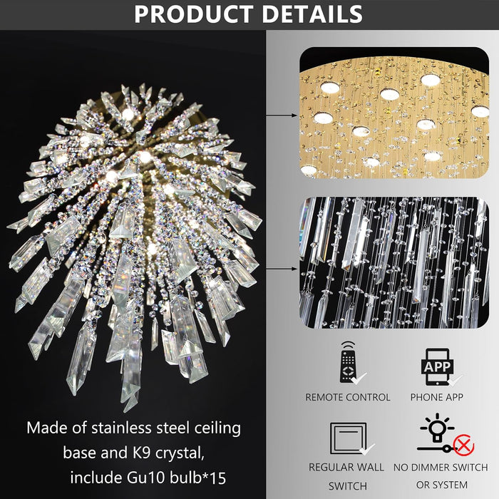 D40'' X H120'' Crystal Chandelier High Ceiling Chandeliers for Entryway Large Raindrop Chandeliers LED Dimmable Flush Mount Light Fixtures for Staircaes Foyer Hallway Living Room Bulbs Included Gold