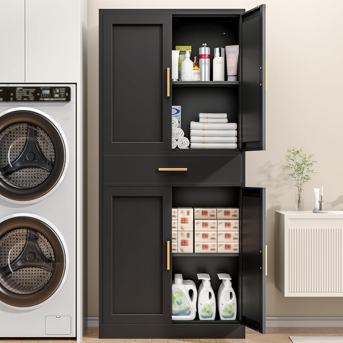 SeventyOneInchHeavyDutySteelStorageCabinetDrawerAdjustableShelvesBlack