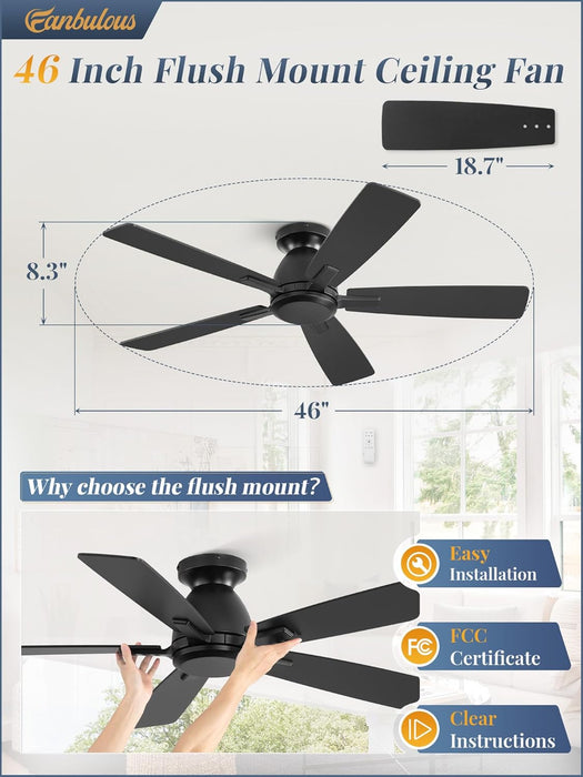 46 Inch Flush Mount Ceiling Fan No Light with Remote,Black Modern Low Profile Ceiling Fan without Light,6-Speeds,Quiet Reversible DC Motor,Indoor&Outdoor Ceiling Fans for Bedroom,Living Room