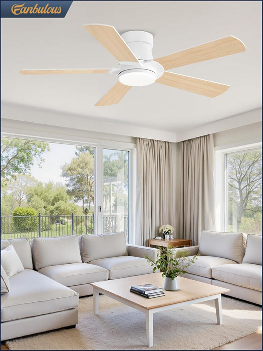 Ceiling Fans with Lights and Remote, 42 Inch Low Profile Flush Mount Ceiling Fan,White Modern Ceiling Fan with LED Light for Bedroom Indoor Outdoor-5 Reversible Blades, 3CCT, 6 Speeds, Timer