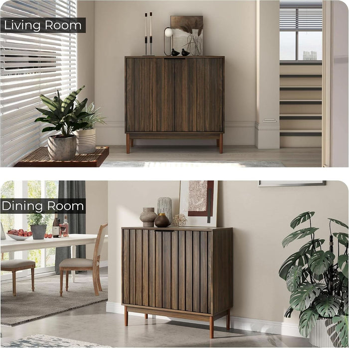 Fluted Buffet Cabinet with Storage, Small Accent Cabinet, Walnut