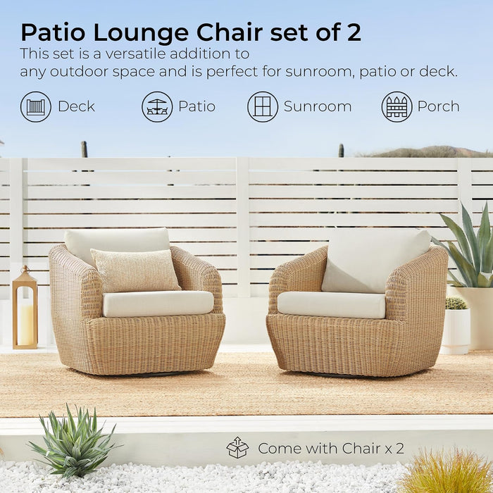CHITA 360° Swivel Patio Wicker Chairs Set of 2, Fully Assembled, Brown