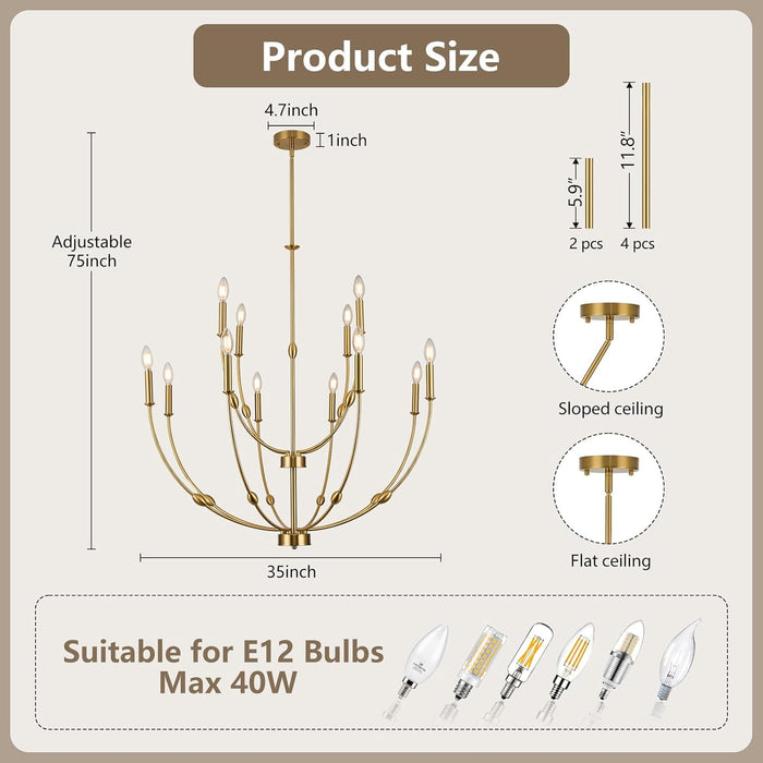 Magnificent Brushed Gold Chandelier 12 Light Fixture