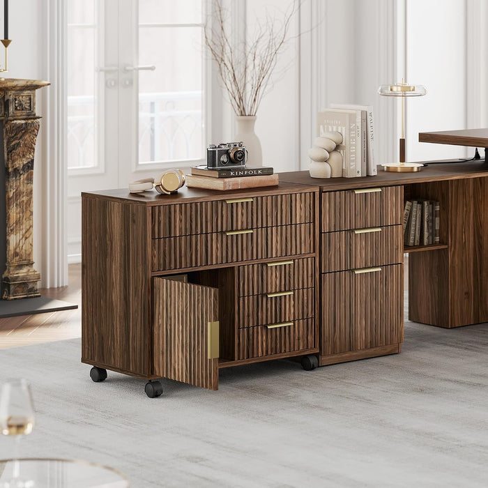 Fluted Lockable File Cabinet Five Drawers WalnutFinish