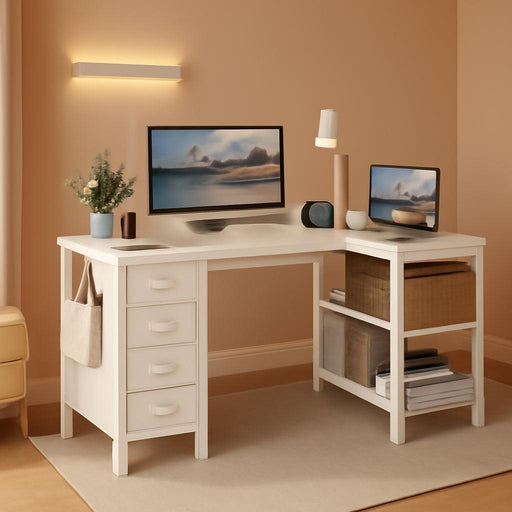 White 47Inch LShaped Corner Desk With ReversibleStorage