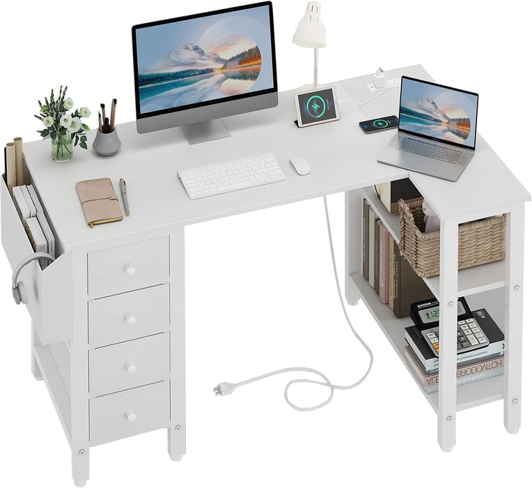 White 47Inch LShaped Corner Desk With ReversibleStorage