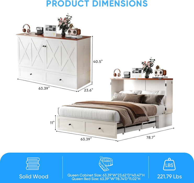 Queen Murphy Bed with USB Charging Station & 2 Storage Drawers, Hidden Folding Chest Cabinet Bed with Tri-Fold Mattress, Space Saving Wall Beds for Bedroom Guest Room Living Room-White
