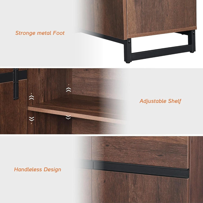 Modern TV Stand with 3 Tiers Bookshelf, Farmhouse Entertainment Center with 4 Large Storage Cabinets and Adjustable Shelf, Wooden Media TV Console with Black Metal Leg for Living Room, Brown