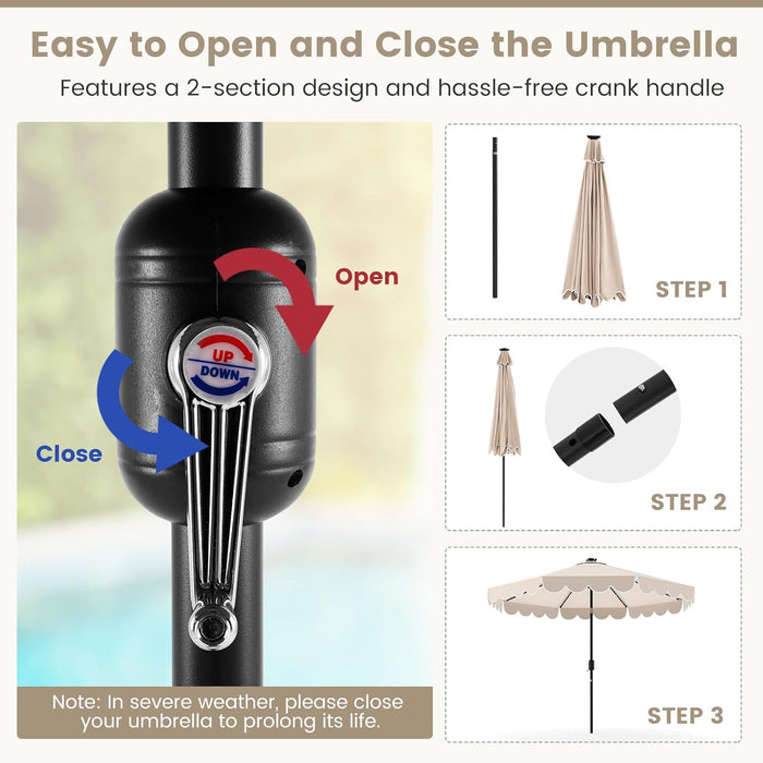 9 FT Solar Patio Umbrella, 2-Tiers Scalloped Outdoor Table Market Umbrella with 24 LED Lights, Vented Top, Tilt Adjustment, Crank, 8 Ribs for Backyard Poolside Deck Beach Lawn (Beige)