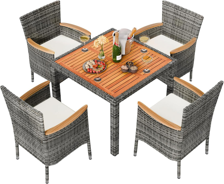 5 Piece Patio Dining Set, Wicker Patio Conversation Set with Wooden Table Top, Outdoor Table and Chairs with Soft Cushions for Backyard, Deck and Garden, Grey Wicker